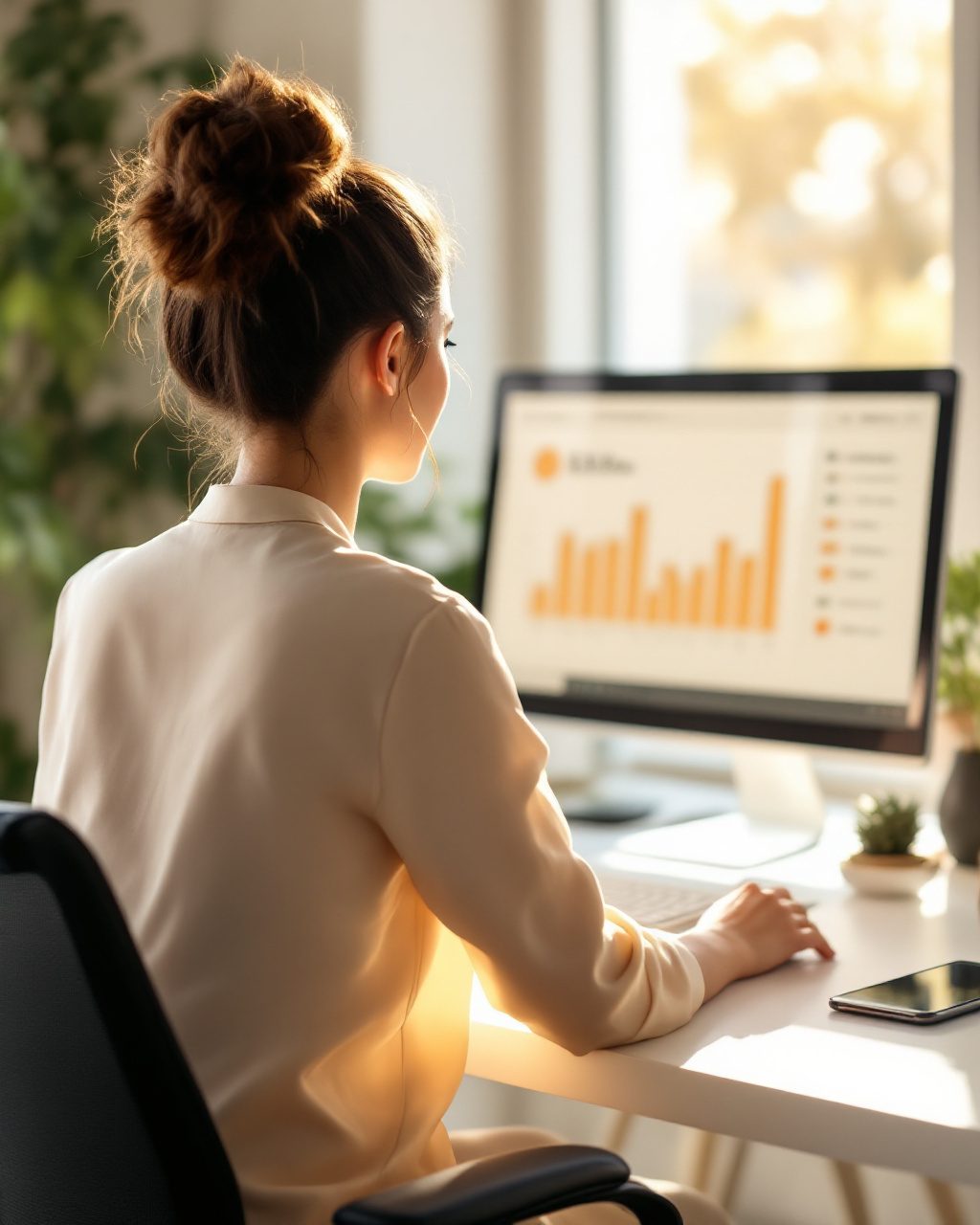 Medewerker bekijkt een dashboard met grafieken op een beeldscherm, een smartphone ligt op het bureau